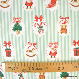Tissu cretonne coton Sweetie – Rayures menthe et motifs de Noël - Okeo tex