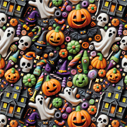 Tissu popeline de coton Hollow – motif Halloween fantômes et maisons hantées