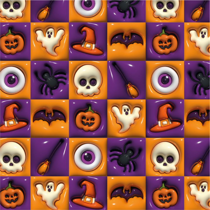 Tissu popeline coton Hollow – Damier Halloween orange et violet
