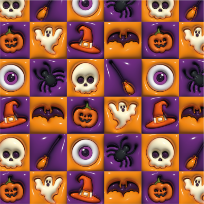 Tissu popeline coton Hollow – Damier Halloween orange et violet