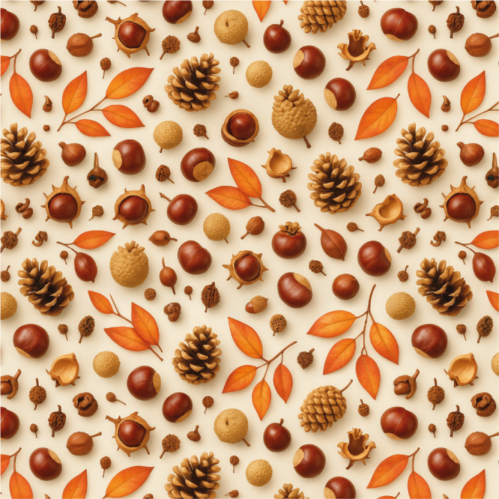 Tissu popeline coton Automne motifs Marrons, pommes de pin et feuilles