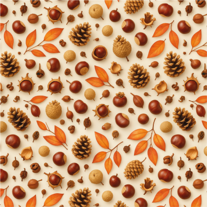 Tissu popeline coton Automne motifs Marrons, pommes de pin et feuilles