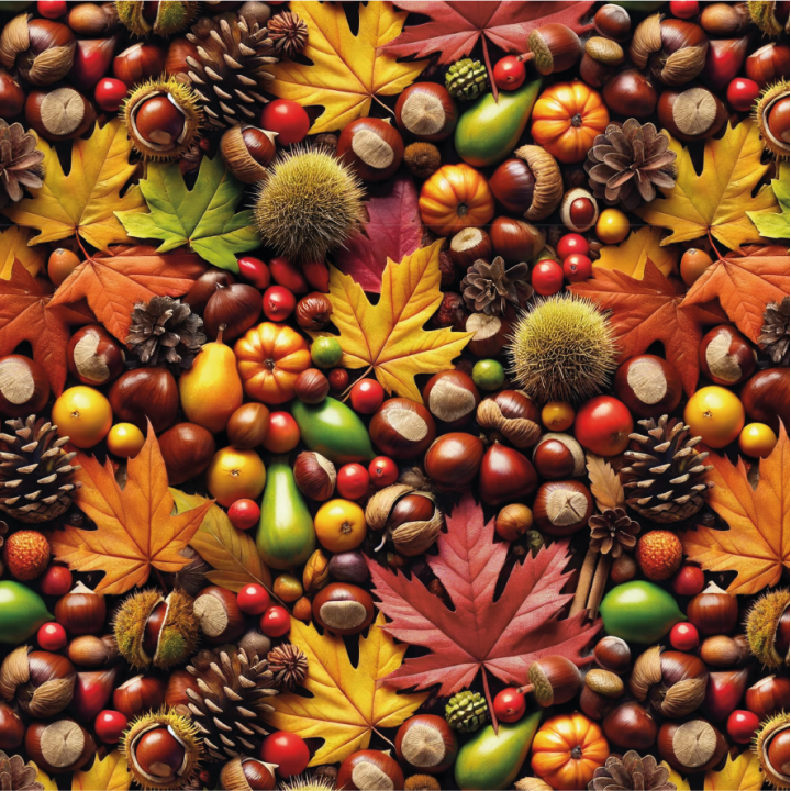 Tissu cretonne coton Automne marrons, feuilles et pommes de pin