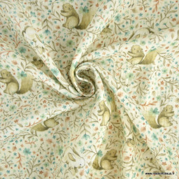 Tissu double gaze coton Alba – Écureuils, lapins et fleurs