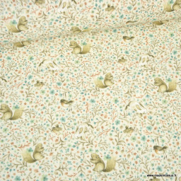 Tissu double gaze coton Alba – Écureuils, lapins et fleurs