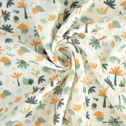 Tissu double gaze coton Macao motif Palmiers vert et orange