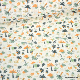 Tissu double gaze coton Macao motif Palmiers vert et orange
