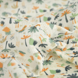 Tissu double gaze coton Macao motif Palmiers vert et orange