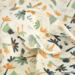 Tissu double gaze coton Macao motif Palmiers vert et orange