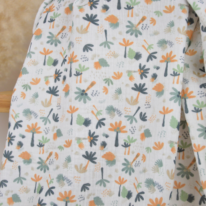 Tissu double gaze coton Macao motif Palmiers vert et orange