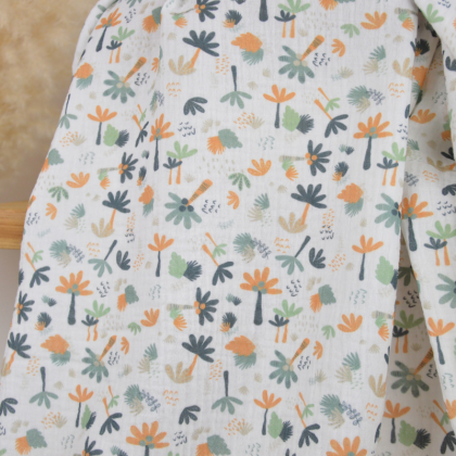 Tissu double gaze coton Macao motif Palmiers vert et orange
