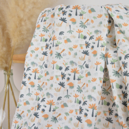 Tissu double gaze coton Macao motif Palmiers vert et orange