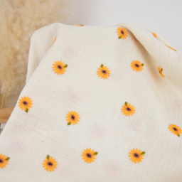 Double gaze brodée motif marguerites fond Ecru - OEKO TEX