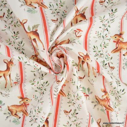 Tissu cretonne coton Brindille – Faons et rayures rouges – OEKO TEX