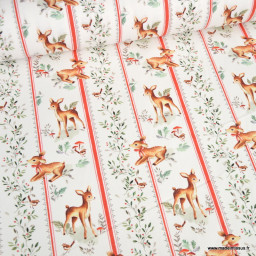 Tissu cretonne coton Brindille – Faons et rayures rouges – OEKO TEX