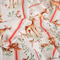 Tissu cretonne coton Brindille – Faons et rayures rouges – OEKO TEX