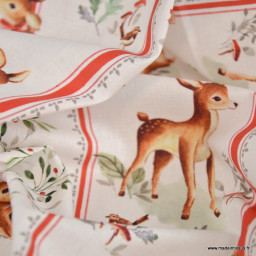 Tissu cretonne coton Brindille – Faons et rayures rouges – OEKO TEX