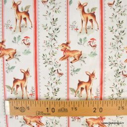 Tissu cretonne coton Brindille – Faons et rayures rouges – OEKO TEX