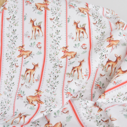 Tissu cretonne coton Brindille – Faons et rayures rouges – OEKO TEX