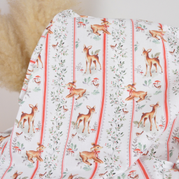 Tissu cretonne coton Brindille – Faons et rayures rouges – OEKO TEX