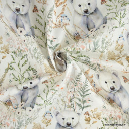Tissu cretonne coton Friquette motif ours et feuillage – OEKO TEX