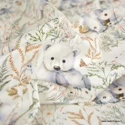 Tissu cretonne coton Friquette motif ours et feuillage – OEKO TEX