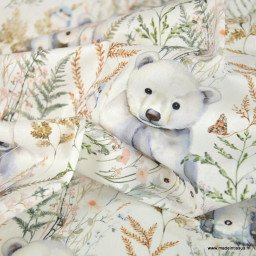 Tissu cretonne coton Friquette motif ours et feuillage – OEKO TEX