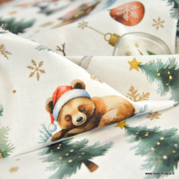 Tissu cretonne coton Bearnoel motif ours de Noël et sapins – OEKO TEX