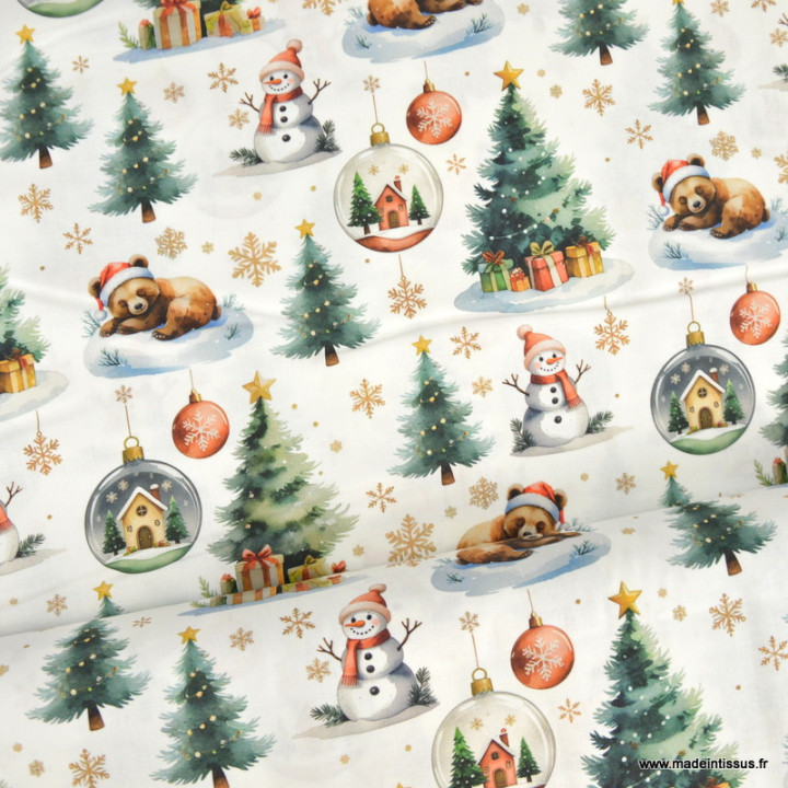 Tissu cretonne coton Bearnoel motif ours de Noël et sapins – OEKO TEX