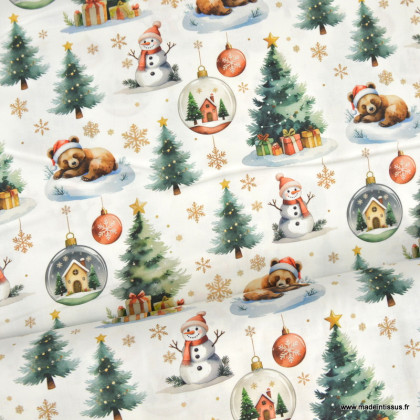 Tissu cretonne coton Bearnoel motif ours de Noël et sapins – OEKO TEX