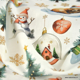 Tissu cretonne coton Bearnoel motif ours de Noël et sapins – OEKO TEX