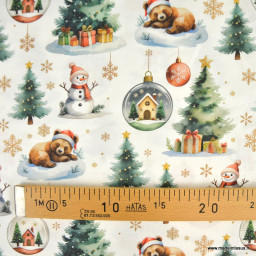 Tissu cretonne coton Bearnoel motif ours de Noël et sapins – OEKO TEX