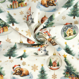 Tissu cretonne coton Bearnoel motif ours de Noël et sapins – OEKO TEX