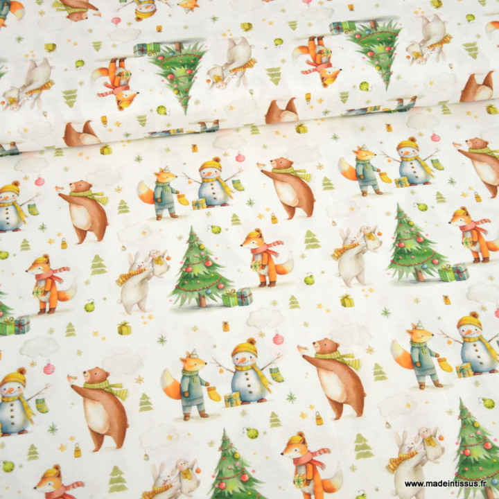Tissu cretonne coton de Noël Nochou motif animaux de la forêt – OEKO TEX