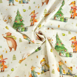 Tissu cretonne coton de Noël Nochou motif animaux de la forêt – OEKO TEX