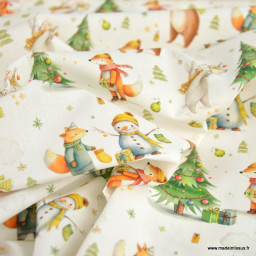 Tissu cretonne coton de Noël Nochou motif animaux de la forêt – OEKO TEX