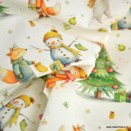 Tissu cretonne coton de Noël Nochou motif animaux de la forêt – OEKO TEX