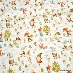 Tissu cretonne coton de Noël – Lutins et sapins – OEKO TEX