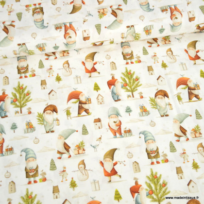 Tissu cretonne coton de Noël – Lutins et sapins – OEKO TEX