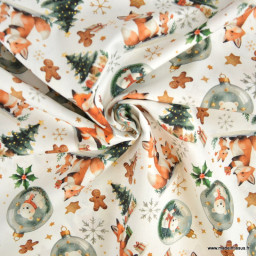 Tissu cretonne coton de Noël Foxno motif renards et boules de Noël – OEKO TEX