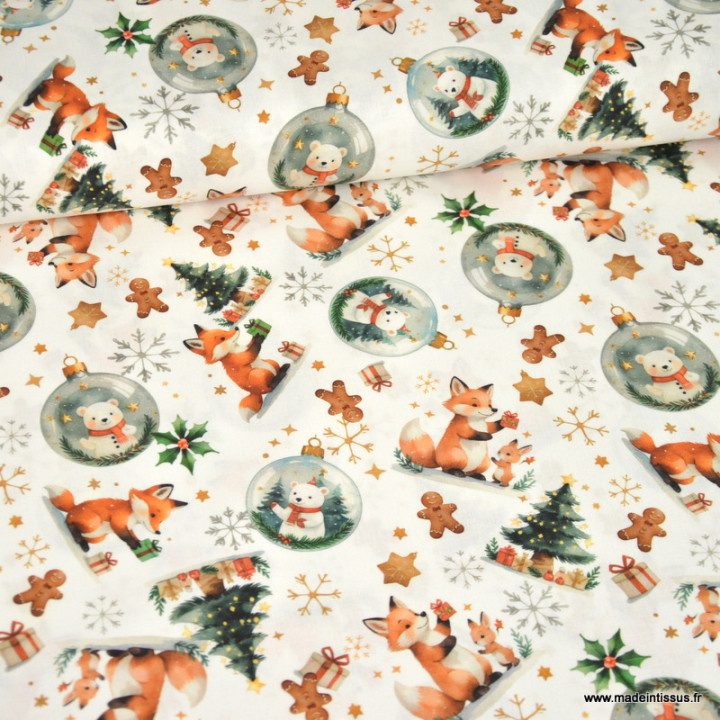 Tissu cretonne coton de Noël – Lutins et sapins – OEKO TEX