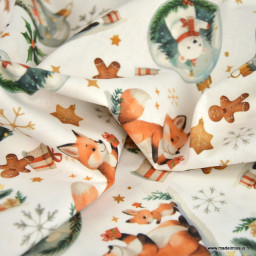 Tissu cretonne coton de Noël Foxno motif renards et boules de Noël – OEKO TEX