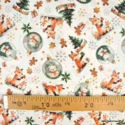 Tissu cretonne coton de Noël Foxno motif renards et boules de Noël – OEKO TEX