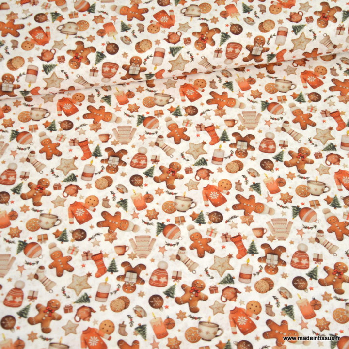 Tissu cretonne coton de Noël Mikongi motif Pain d’épices et gourmandises – OEKO TEX