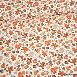 Tissu cretonne coton de Noël Mikongi motif Pain d’épices et gourmandises – OEKO TEX