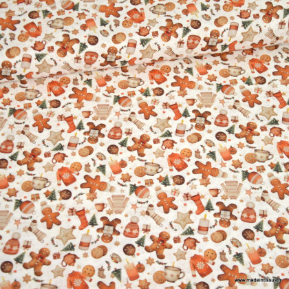 Tissu cretonne coton de Noël Mikongi motif Pain d’épices et gourmandises – OEKO TEX