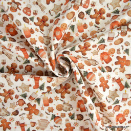 Tissu cretonne coton de Noël Mikongi motif Pain d’épices et gourmandises – OEKO TEX