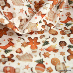 Tissu cretonne coton de Noël Mikongi motif Pain d’épices et gourmandises – OEKO TEX