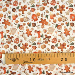 Tissu cretonne coton de Noël Mikongi motif Pain d’épices et gourmandises – OEKO TEX