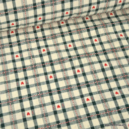 Tissu jacquard coton Villards – Carreaux verts et petits cœurs rouges